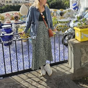 green pleated leopard print maxi skirt